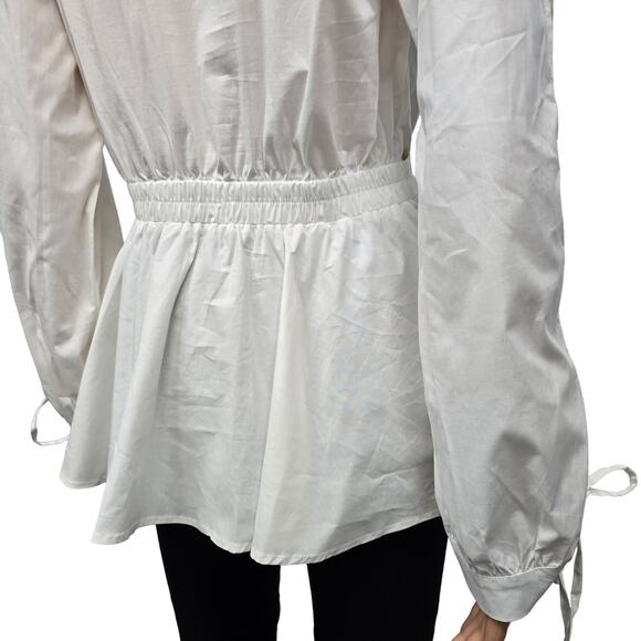 VENUS Top Blouse Women 6 White Open Long Sleeves Lace-up V-neck Belt Buckle - Picture 11 of 14